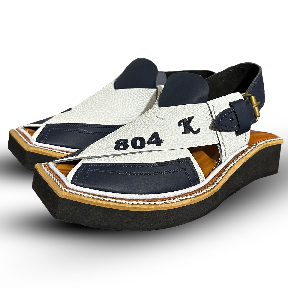 Qadi 804 Handmade Peshwari Blue And White Chappal 👑