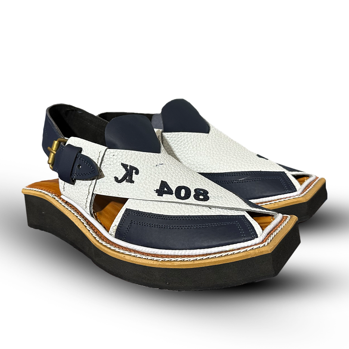 Qadi 804 Handmade Peshwari Blue And White Chappal 👑